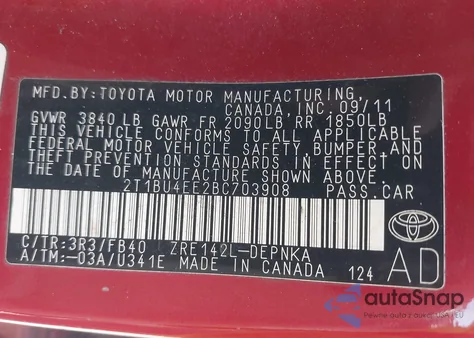 2011 Toyota Corolla Le из США, поврежденный, VIN 2T1BU4EE2BC703908